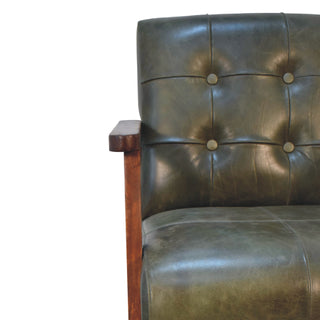 Forrest Armchair Olive Buffalo Leather Buttoned Walnut Frame