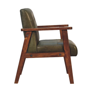 Forrest Armchair Olive Buffalo Leather Buttoned Walnut Frame