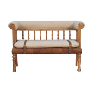 Auryn Hallway Bench Cream Boucle Upholstered Spindle Brown Leather Strap