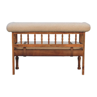 Auryn Hallway Bench Cream Boucle Upholstered Spindle Brown Leather Strap