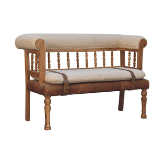 Auryn Hallway Bench Cream Boucle Upholstered Spindle Brown Leather Strap