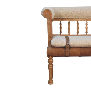 Auryn Hallway Bench Cream Boucle Upholstered Spindle Brown Leather Strap