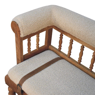 Auryn Hallway Bench Cream Boucle Upholstered Spindle Brown Leather Strap