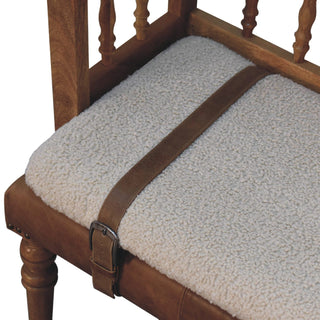 Auryn Hallway Bench Cream Boucle Upholstered Spindle Brown Leather Strap