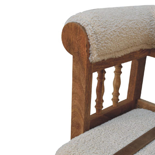 Auryn Hallway Bench Cream Boucle Upholstered Spindle Brown Leather Strap