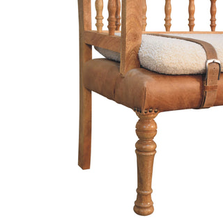 Auryn Hallway Bench Cream Boucle Upholstered Spindle Brown Leather Strap