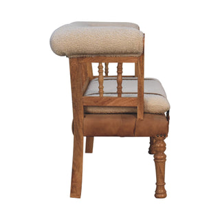 Auryn Hallway Bench Cream Boucle Upholstered Spindle Brown Leather Strap