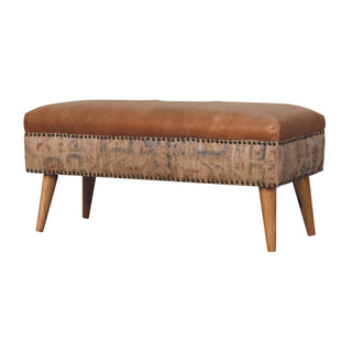 Indie Hallway Bench Tan Buffalo Leather Seat Dhurrie Fabric Sides Brass Studs Oak Legs