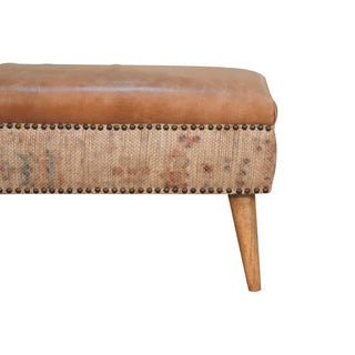 Indie Hallway Bench Tan Buffalo Leather Seat Dhurrie Fabric Sides Brass Studs Oak Legs