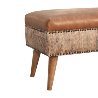 Indie Hallway Bench Tan Buffalo Leather Seat Dhurrie Fabric Sides Brass Studs Oak Legs