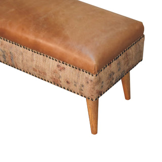Indie Hallway Bench Tan Buffalo Leather Seat Dhurrie Fabric Sides Brass Studs Oak Legs