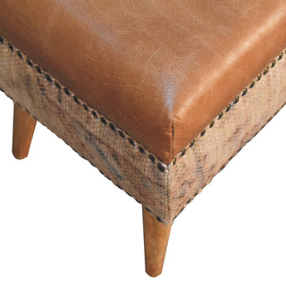 Indie Hallway Bench Tan Buffalo Leather Seat Dhurrie Fabric Sides Brass Studs Oak Legs
