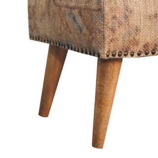 Indie Hallway Bench Tan Buffalo Leather Seat Dhurrie Fabric Sides Brass Studs Oak Legs