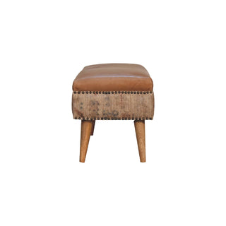 Indie Hallway Bench Tan Buffalo Leather Seat Dhurrie Fabric Sides Brass Studs Oak Legs
