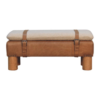 Rondo Living Room Bench Cream Bouclé Seat Tan Leather Body Belted Strap Cylinder Legs