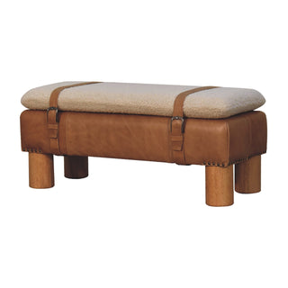 Rondo Living Room Bench Cream Bouclé Seat Tan Leather Body Belted Strap Cylinder Legs