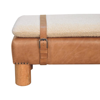 Rondo Living Room Bench Cream Bouclé Seat Tan Leather Body Belted Strap Cylinder Legs
