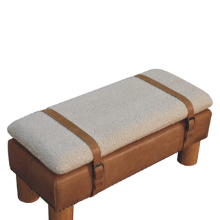Rondo Living Room Bench Cream Bouclé Seat Tan Leather Body Belted Strap Cylinder Legs