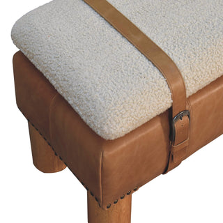 Rondo Living Room Bench Cream Bouclé Seat Tan Leather Body Belted Strap Cylinder Legs