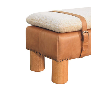 Rondo Living Room Bench Cream Bouclé Seat Tan Leather Body Belted Strap Cylinder Legs