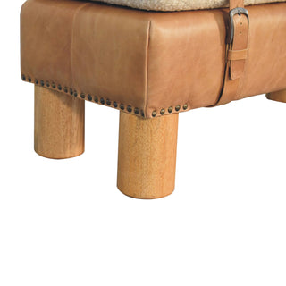 Rondo Living Room Bench Cream Bouclé Seat Tan Leather Body Belted Strap Cylinder Legs