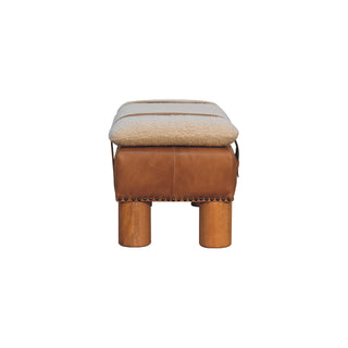 Rondo Living Room Bench Cream Bouclé Seat Tan Leather Body Belted Strap Cylinder Legs