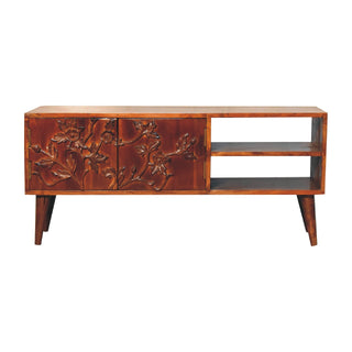 Flora Media Unit Chestnut Finish Floral Carved Doors Open Shelves