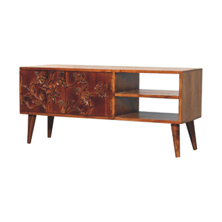 Flora Media Unit Chestnut Finish Floral Carved Doors Open Shelves