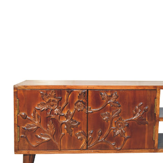 Flora Media Unit Chestnut Finish Floral Carved Doors Open Shelves