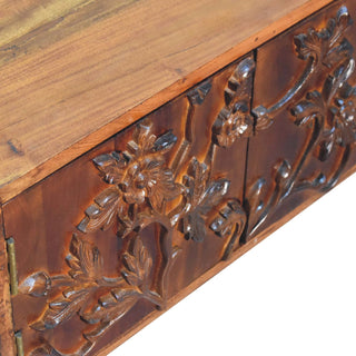 Flora Media Unit Chestnut Finish Floral Carved Doors Open Shelves