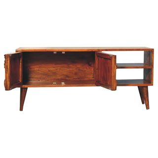 Flora Media Unit Chestnut Finish Floral Carved Doors Open Shelves