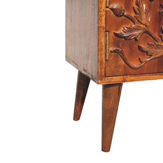 Flora Media Unit Chestnut Finish Floral Carved Doors Open Shelves