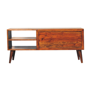 Flora Media Unit Chestnut Finish Floral Carved Doors Open Shelves