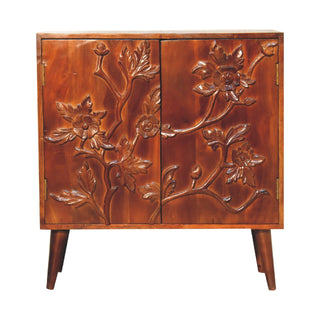 Flora Display Cabinet Hand-Carved Botanical Floral Relief Neem Wood Chestnut