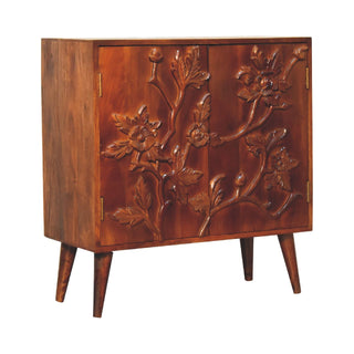 Flora Display Cabinet Hand-Carved Botanical Floral Relief Neem Wood Chestnut