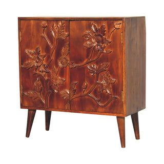 Flora Display Cabinet Hand-Carved Botanical Floral Relief Neem Wood Chestnut