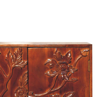 Flora Display Cabinet Hand-Carved Botanical Floral Relief Neem Wood Chestnut