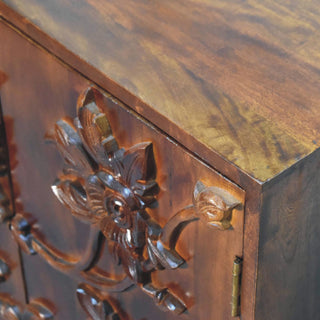 Flora Display Cabinet Hand-Carved Botanical Floral Relief Neem Wood Chestnut