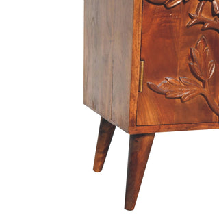 Flora Display Cabinet Hand-Carved Botanical Floral Relief Neem Wood Chestnut