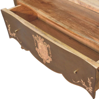 Regence Media Unit Greyish-Green Mango Wood Hand-Painted Crown Crest Bombe Form with Chantilly Legs
