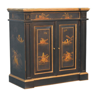 Kyoto Drinks Cabinet Hand-Painted Chinoiserie Black Gold Twin-Door Plinth