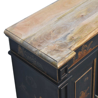 Kyoto Drinks Cabinet Hand-Painted Chinoiserie Black Gold Twin-Door Plinth