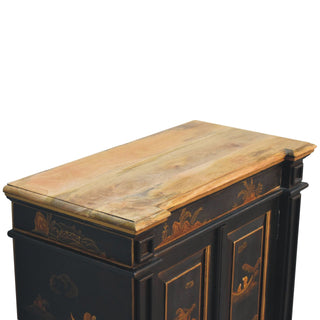 Kyoto Drinks Cabinet Hand-Painted Chinoiserie Black Gold Twin-Door Plinth