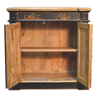 Kyoto Drinks Cabinet Hand-Painted Chinoiserie Black Gold Twin-Door Plinth