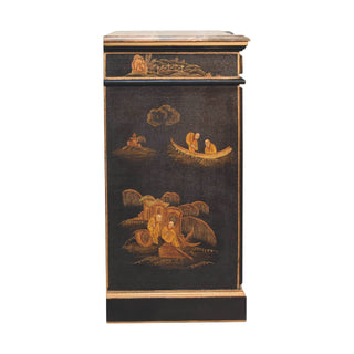 Kyoto Drinks Cabinet Hand-Painted Chinoiserie Black Gold Twin-Door Plinth