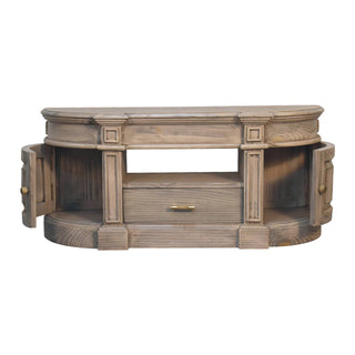 Wick Media Unit Aged Pine Serpentine Curved Body Panel Moulding with Brass Knobs & Plinth Base
