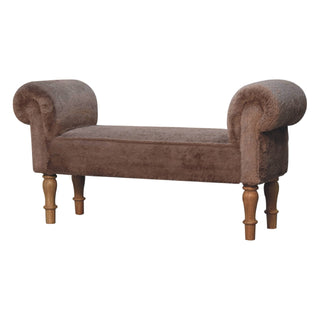 Dova End-of-Bed Bench Mocha Faux Fur Rolled Arms Natural Turned Wood Legs
