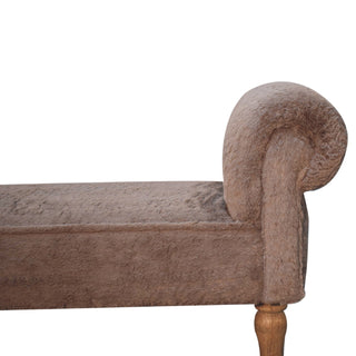 Dova End-of-Bed Bench Mocha Faux Fur Rolled Arms Natural Turned Wood Legs