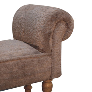 Dova End-of-Bed Bench Mocha Faux Fur Rolled Arms Natural Turned Wood Legs