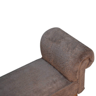 Dova End-of-Bed Bench Mocha Faux Fur Rolled Arms Natural Turned Wood Legs